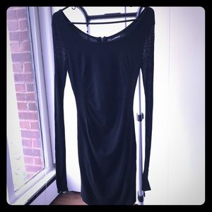 Back Zip Net Sleeve Fitted Sweater Dress Jet black